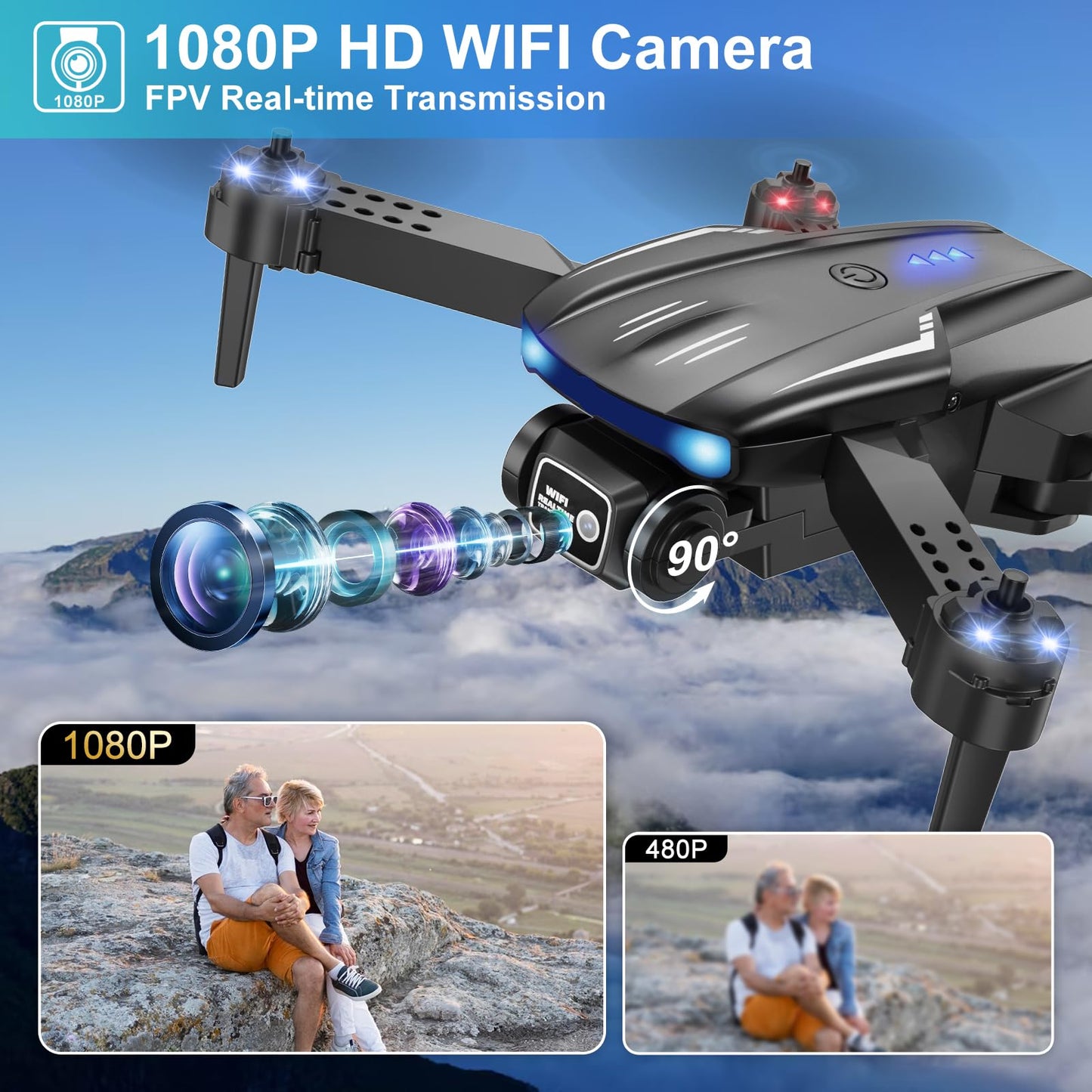 X-shop Drone with Camera 1080P HD for Kids Adults, Foldable FPV Mini Drone with 2 Batteries, One Key Take Off/Land, Altitude Hold, Headless Mode, Gravity Control, Gestures Selfie, 360°Flip, 3 Speed Mode, Waypoint Fly