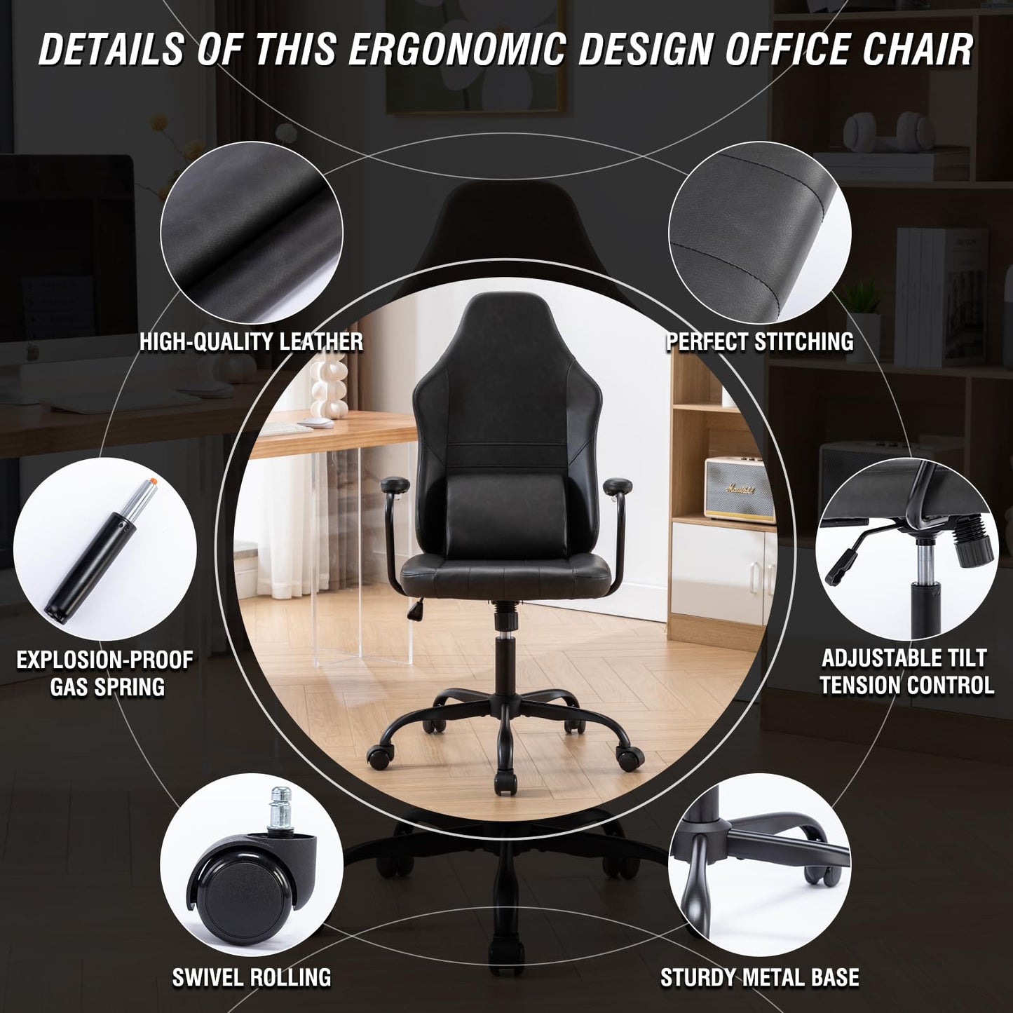 TUKAKA Executive Office Chair, Home Office Desk Chair, High Back Vintage Leather Desk Chair, 360° Swivel Computer Chair, Height Adjustable Tilt Vanity Task Chair for Office, Reading Meeting Room