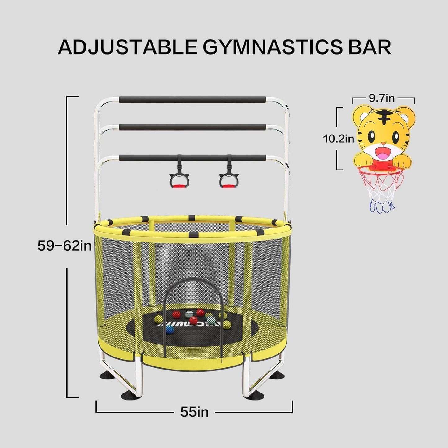 Trampoline for Kids, Adjustable Baby Toddler Trampoline with Basketball Hoop, 440lbs Indoor Outdoor Toddler Trampoline with Enclosure (Light Yellow)