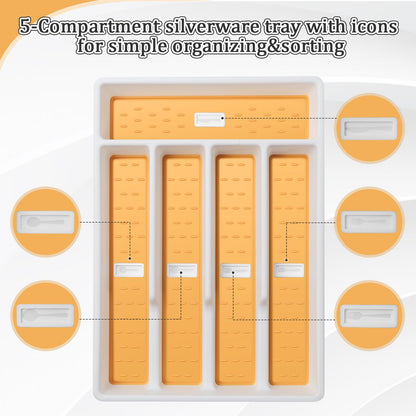 CherHome Silverware Organizer with Cutlery Icons，Silverware Tray for Kitchen Drawer，Plastic Flatware Tableware Silverware Drawer Organizer Utensil Organizer with Non-slip TPR Linings，5-Compartment