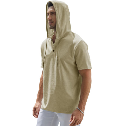 Muscle Killer Men's Henley Short Sleeve Casual Basic Hooded Tee Summer Button Henley Waffle T Shirt Hoodie White