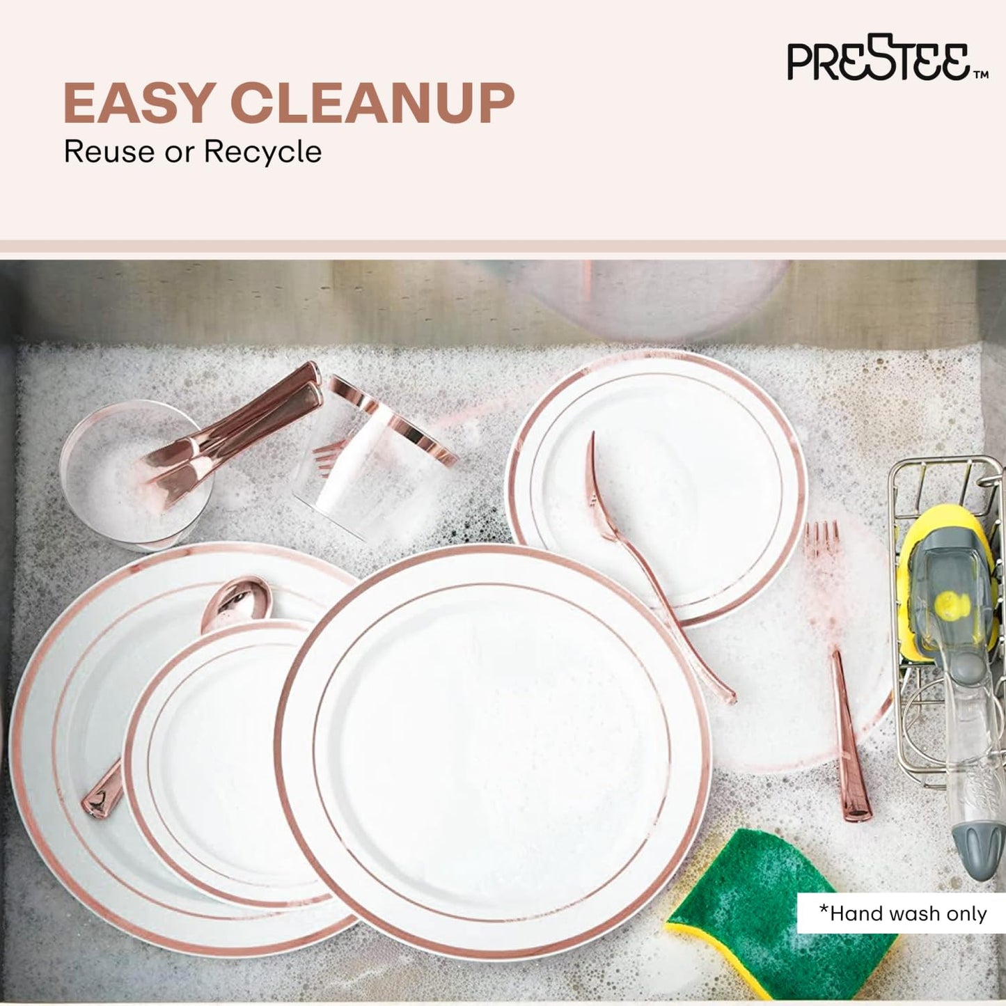 Prestee 350 Pc Disposable Dinnerware Set for 50 Guests - Rose Gold - Reusable Party Supplies Set incl. 50 of Dinner Plates, Salad Plates, Knives, Forks, Spoons and Cups, Wedding Reception Supplies