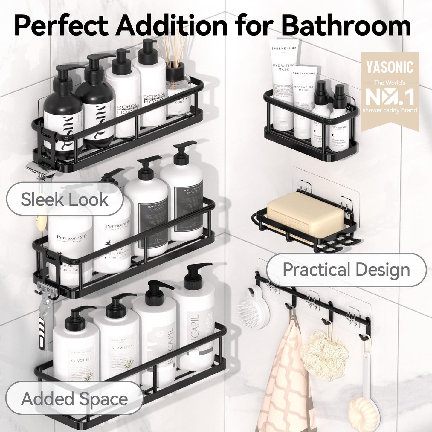 6-Pack YASONIC Shower Caddy with Hooks & Holder