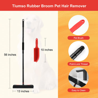 Tiumso Rubber Broom for Carpet, Pet Hair Removal Broom with Squeegee for Floor, Carpet Broom Includes Rubber Brush and Microfiber Cloth for Dog and Cat Hair - Black and Red