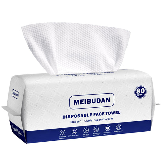Disposable-Face Towel Biodegradable Dry-Wipes Towelette - 7.88in×9.48in MEIBUDAN Lint-Free Daily Facial Tissues, Ultra Soft Thick Face Clean Makeup Remover Cloths for Sensitive Skin, 80 Count, 1 Pack