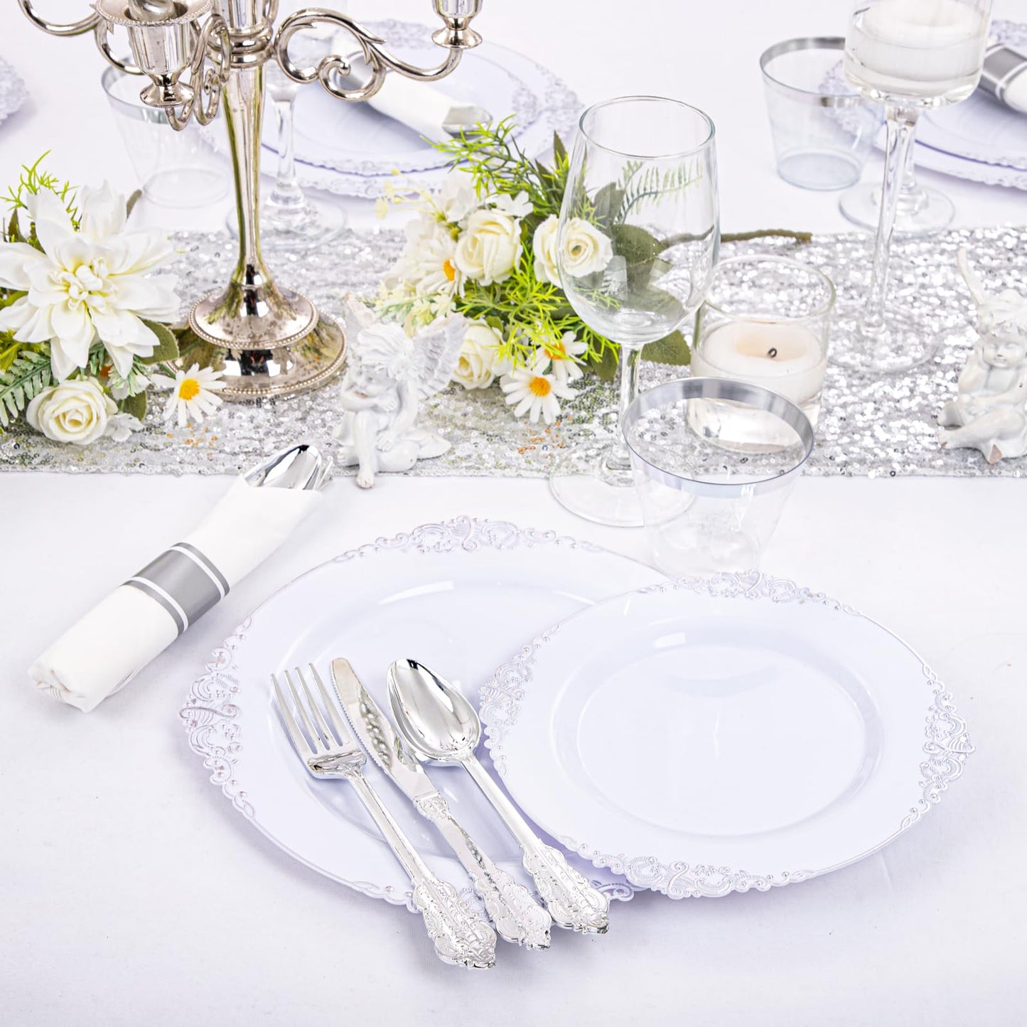 Silver Disposable Dinnerware Set for 50 Guests