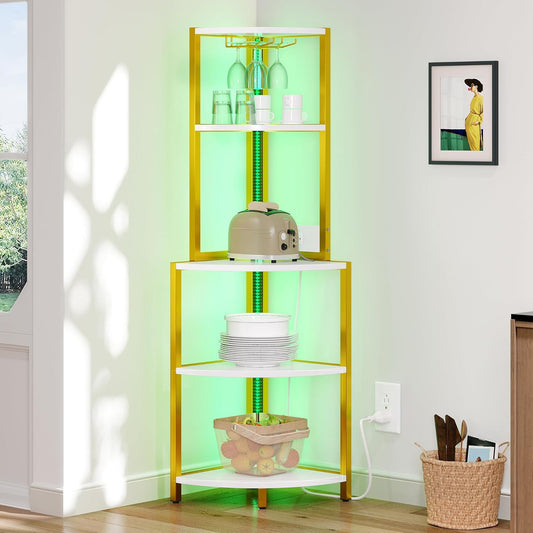 5-Tier Corner Shelf with Power Outlets & LED Lights