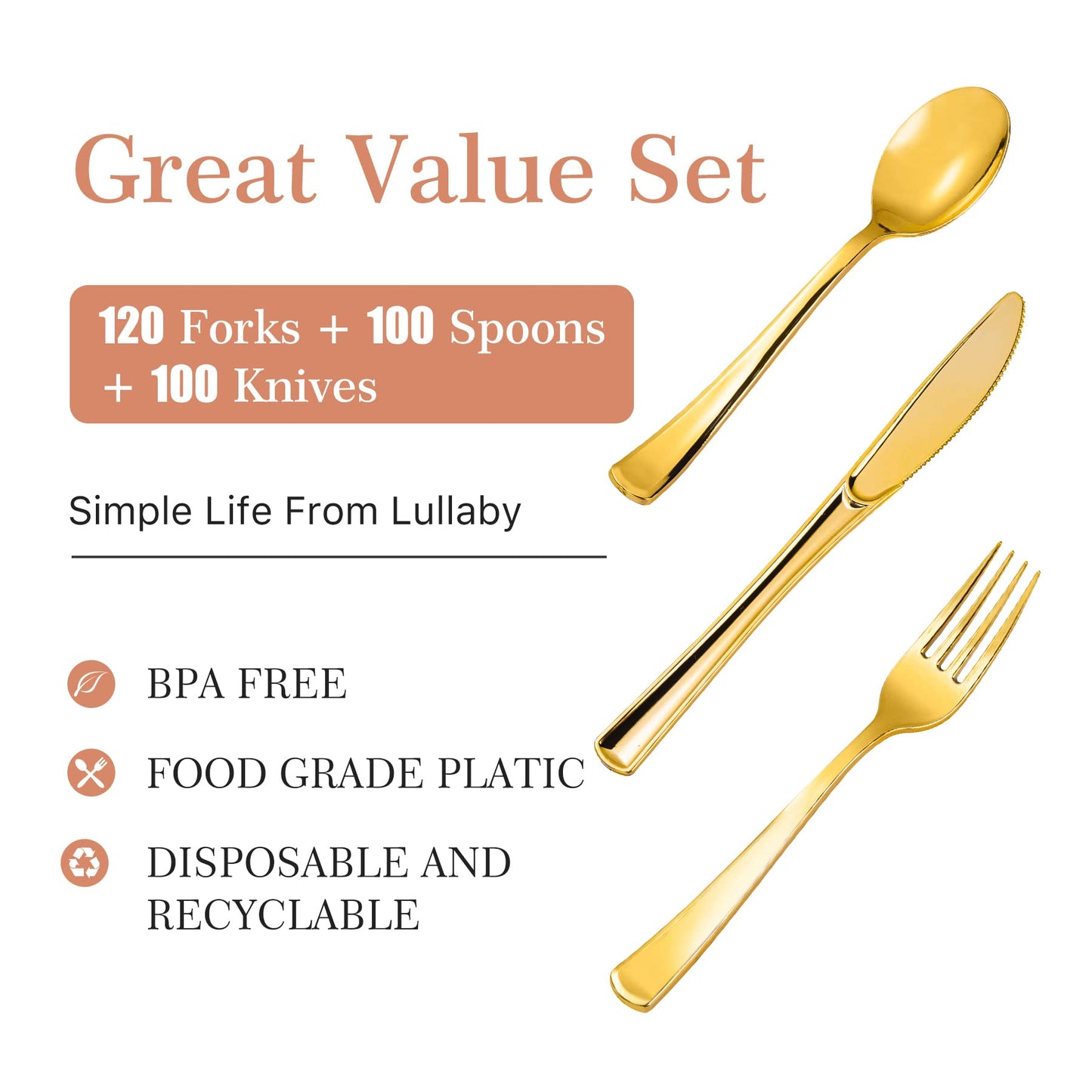 Lullaby 320pcs Gold Plastic Silverware, Gold Disposable Silverware Include 120 Forks, 100 Spoons, 100 Knives, Gold Plastic Flatware, Gold Cutlery Set Disposable for Weddings, Party and Daily Use