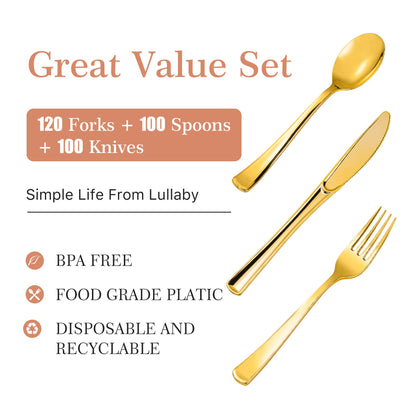 Lullaby 320pcs Gold Plastic Silverware, Gold Disposable Silverware Include 120 Forks, 100 Spoons, 100 Knives, Gold Plastic Flatware, Gold Cutlery Set Disposable for Weddings, Party and Daily Use