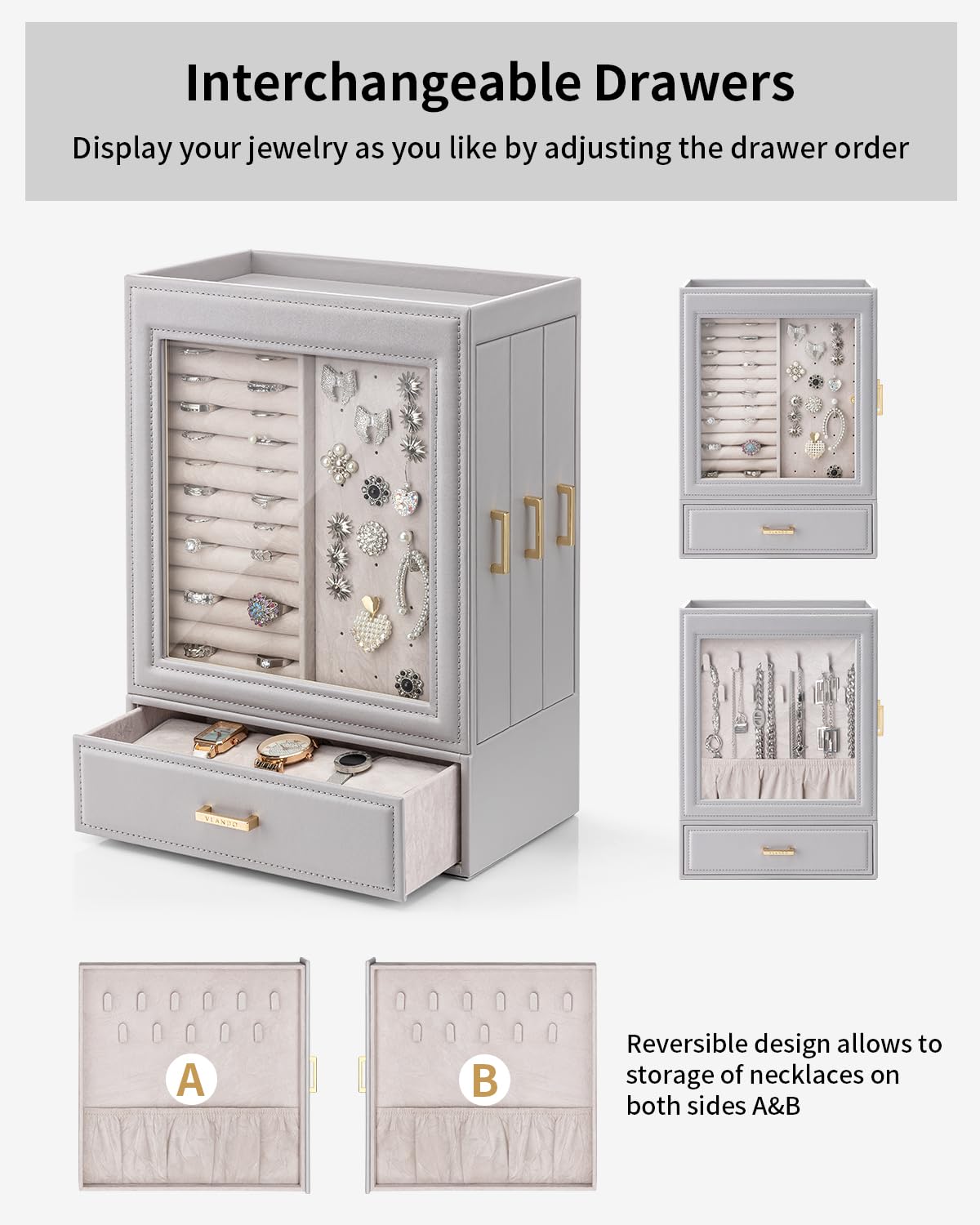 Vlando Large Jewelry Organizer with Glass Window Jewelry Box for Necklaces Earrings Rings Bracelets Watches Jewelry Storage Case Mothers Day Gift for Mom Wife Women Girls (Grey)