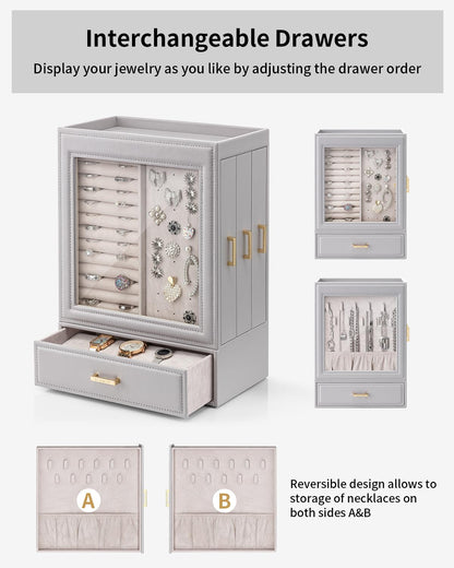 Vlando Large Jewelry Organizer with Glass Window Jewelry Box for Necklaces Earrings Rings Bracelets Watches Jewelry Storage Case Mothers Day Gift for Mom Wife Women Girls (Grey)