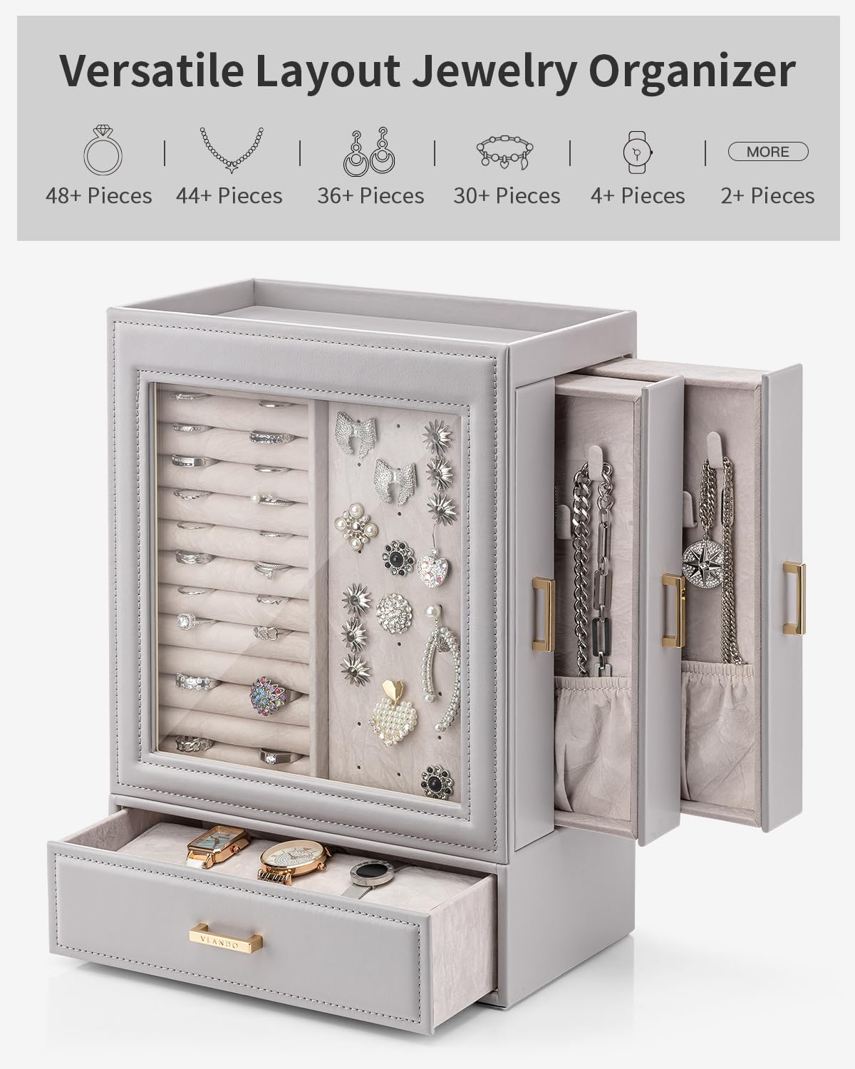 Vlando Large Jewelry Organizer with Glass Window Jewelry Box for Necklaces Earrings Rings Bracelets Watches Jewelry Storage Case Mothers Day Gift for Mom Wife Women Girls (Grey)