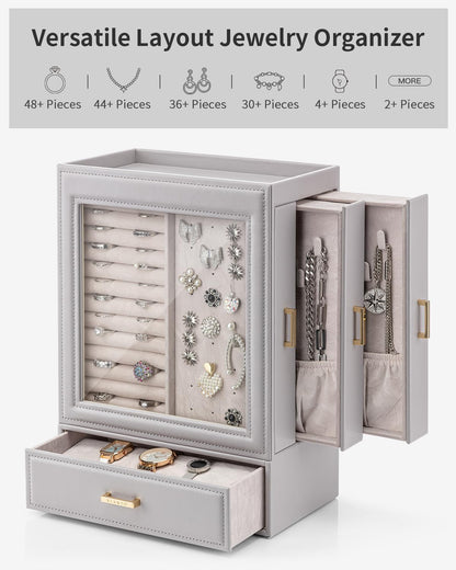 Vlando Large Jewelry Organizer with Glass Window Jewelry Box for Necklaces Earrings Rings Bracelets Watches Jewelry Storage Case Mothers Day Gift for Mom Wife Women Girls (Grey)