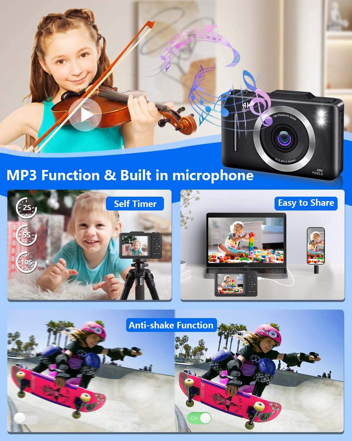 Digital Camera, FHD 1080P Kids Camera Digital with 16x Zoom Anti Shake, 32GB Card, 4K 48MP Portable Compact Point and Shoot Cameras, Vintage Small Camera for Teens Beginner Kids Present (Black)