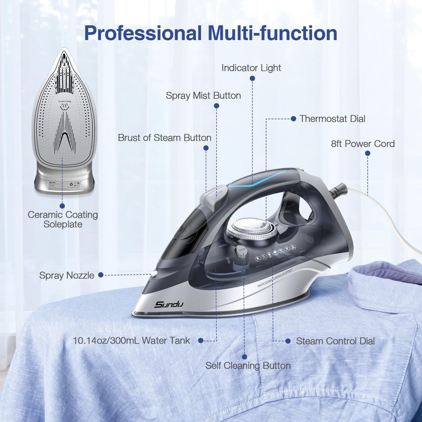 Sundu 1700W Steam Iron with Nonstick Soleplate