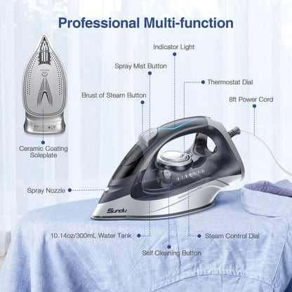 Sundu 1700W Steam Iron with Nonstick Soleplate