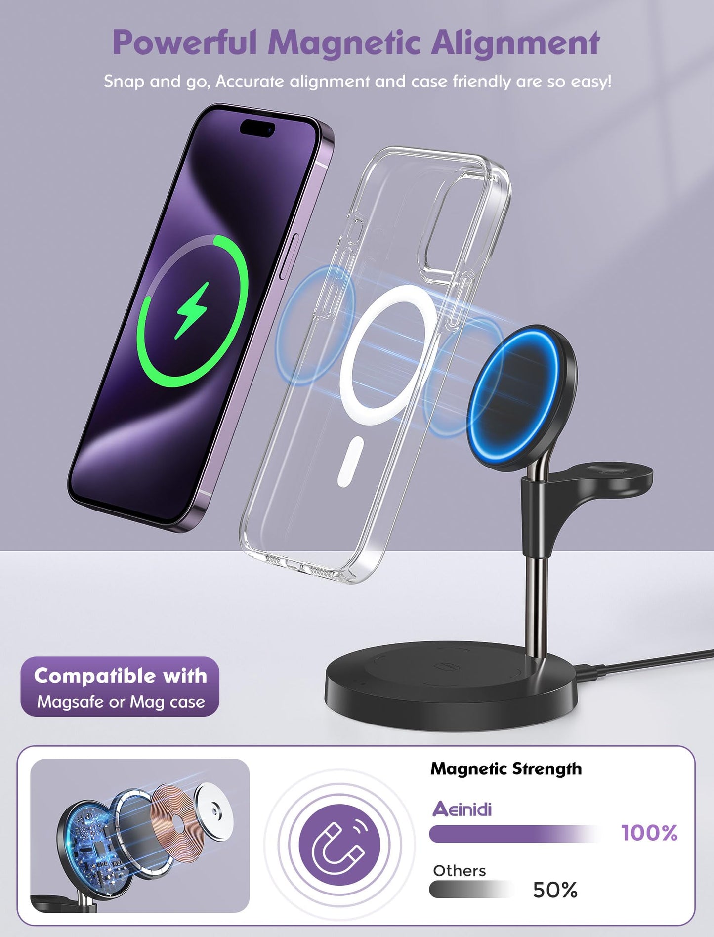 3 in 1 Wireless Charging Station for Multiple Devices Apple, Aeinidi 15W Fast Mag-Safe, Magnetic Charger Stand for iPhone 15 14 13 12 Pro Max/Plus/Pro/Mini, Apple Watch, AirPods Pro 3 2, Black