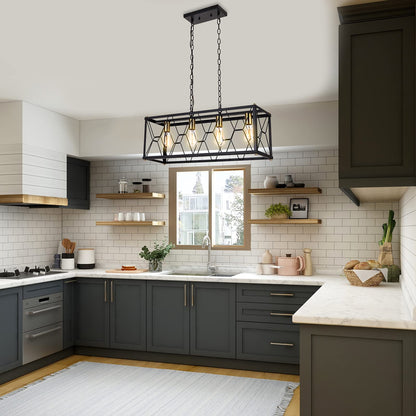 Luburs Rectangle Chandeliers for Dining Room, Black Farmhouse Dining Room Light Fixture, 4-Lights Kitchen Island Light, Modern Industrial Rustic Island Lights for Dining Room, Kitchen Island