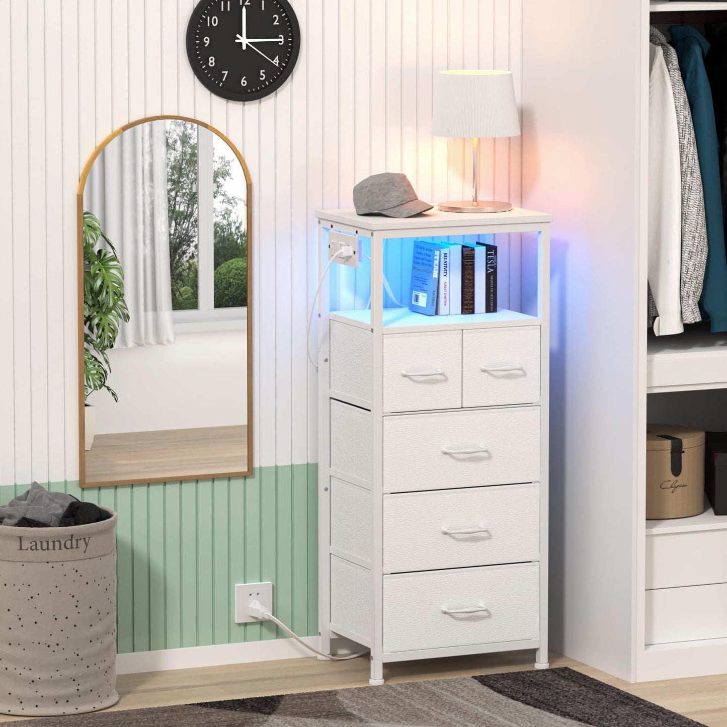 Furnulem Dresser for Bedroom, Tall Nightstand, Vertical Chest with Wood Top, Charging Station, LED Lights, 5 Fabric Bins, Bedside Table with Shelf, Furniture for Entryway, Dorm (5 Drawer, White)