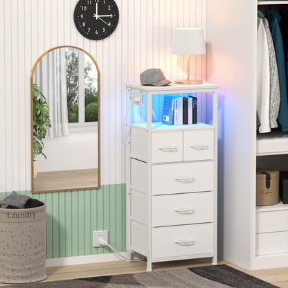 Furnulem Dresser for Bedroom, Tall Nightstand, Vertical Chest with Wood Top, Charging Station, LED Lights, 5 Fabric Bins, Bedside Table with Shelf, Furniture for Entryway, Dorm (5 Drawer, White)