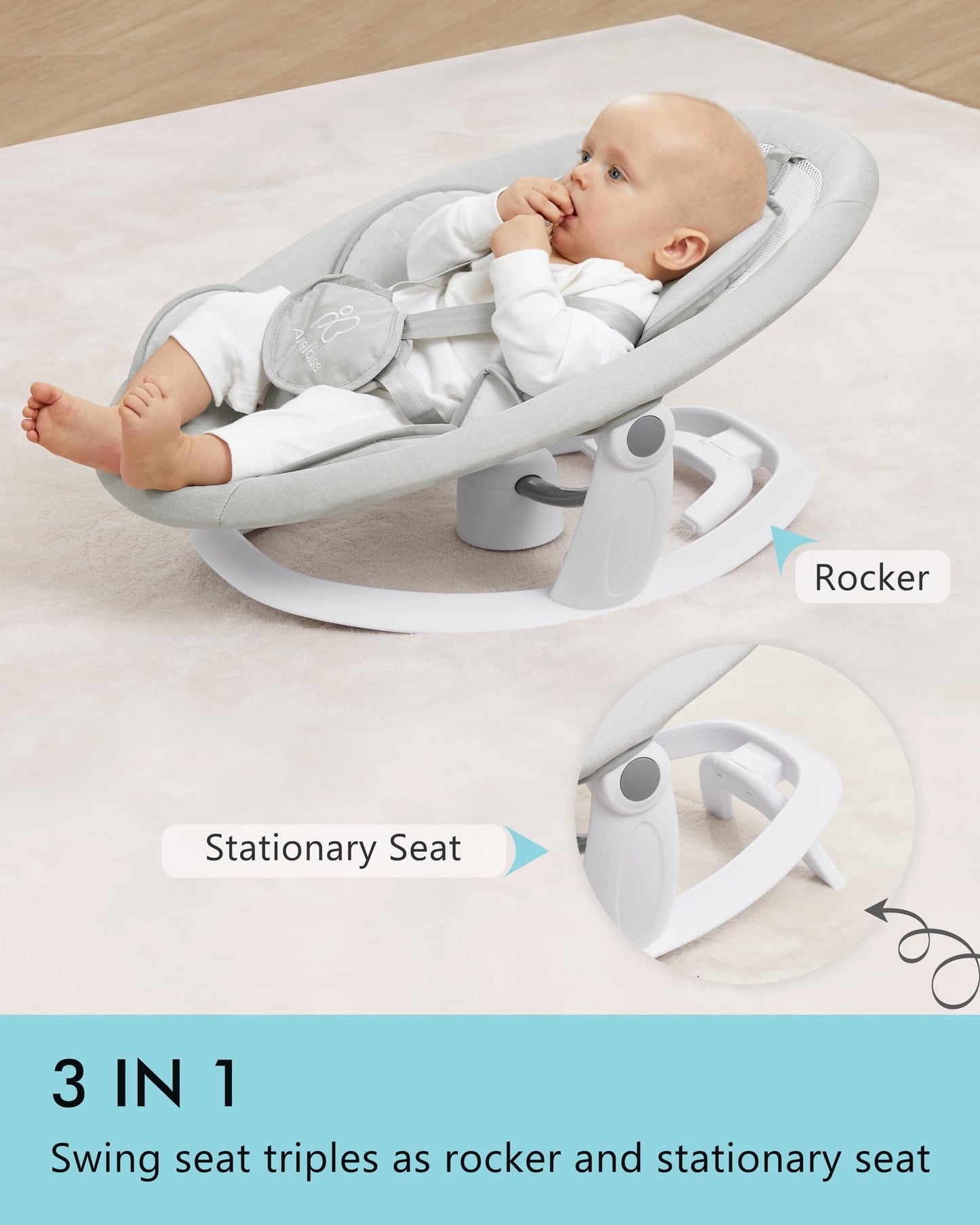 Angelbliss 3 in 1 Baby Swing with Motion Detection, Portable Baby Swings for Infants with Removable Rocker & Stationary Seat, Bluetooth Enabled with 3 Unique Motions (White)