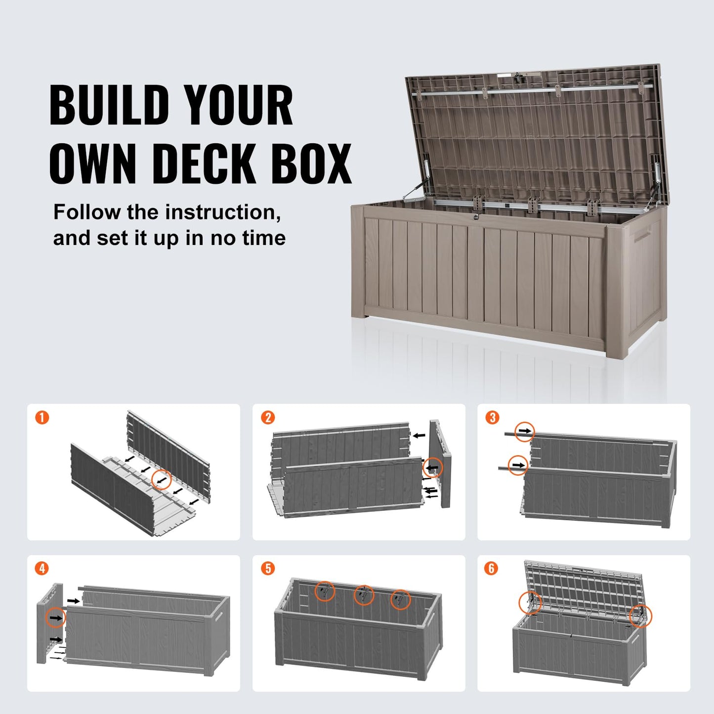 VEVOR Deck Box, 120 Gallon Outdoor Storage Box, 56.3" x 26.6" x 23.8", Waterproof PP Deckbox with Aluminum Alloy Padlock, for Patio Furniture, Pool Toys, Garden Tools, Outdoor Cushions, Gray