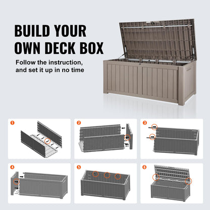 VEVOR Deck Box, 120 Gallon Outdoor Storage Box, 56.3" x 26.6" x 23.8", Waterproof PP Deckbox with Aluminum Alloy Padlock, for Patio Furniture, Pool Toys, Garden Tools, Outdoor Cushions, Gray