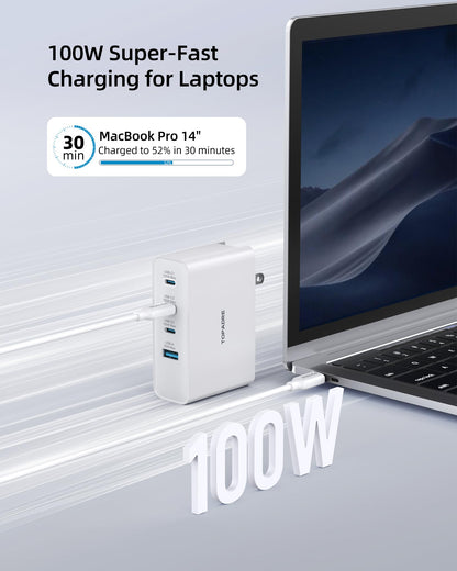 Topadre 100W USB C Travel Charger, 4-Ports Foldable Travel Adapter Plug Converter with UK/EU/AU Plugs,Fast Charging for Macbook Pro/Air,for iPad Pro/iPhone 16/15 Pro Max, for 45w Samsung Galaxy, White