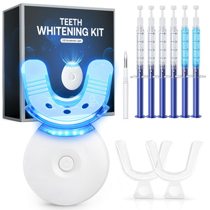 Teeth Whitening Kit, LED Teeth Whitening Light with 6 X 3ml Carbamide Peroxide Teeth Whitening Gel, Included 2 Mouth Trays & Tray Case and Brush, Safe Enamel, Fast and Gentle Teeth Whitening