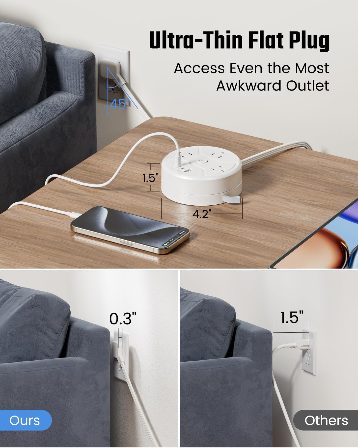 35W Travel Power Strip with Retractable Cord