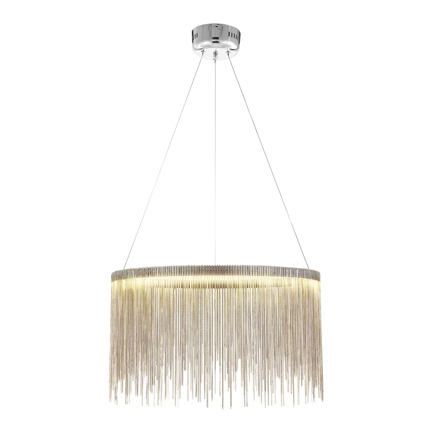 Siljoy Modern Round Aluminum Tassel Chandelier, LED Linear Chrome Chain Pendant Light Stainless Steel Ring Suspension Lighting Fixture for Dining Room Kitchen Island Dia 20" x H14