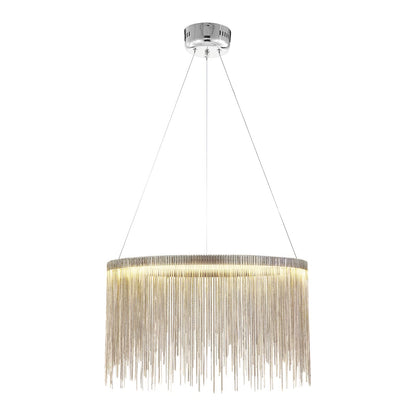 Siljoy Modern Round Aluminum Tassel Chandelier, LED Linear Chrome Chain Pendant Light Stainless Steel Ring Suspension Lighting Fixture for Dining Room Kitchen Island Dia 20" x H14
