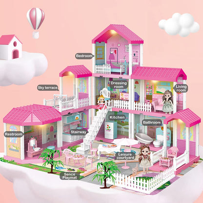 Dollhouse Building Toy Set with 5 Lights,3 Dolls& 2 Pets Princess Doll House and Furniture,Accessories,Stairway,Best STEM Pretend Play Toys for Girls Toddlers 27.7" Tall (9 Rooms)