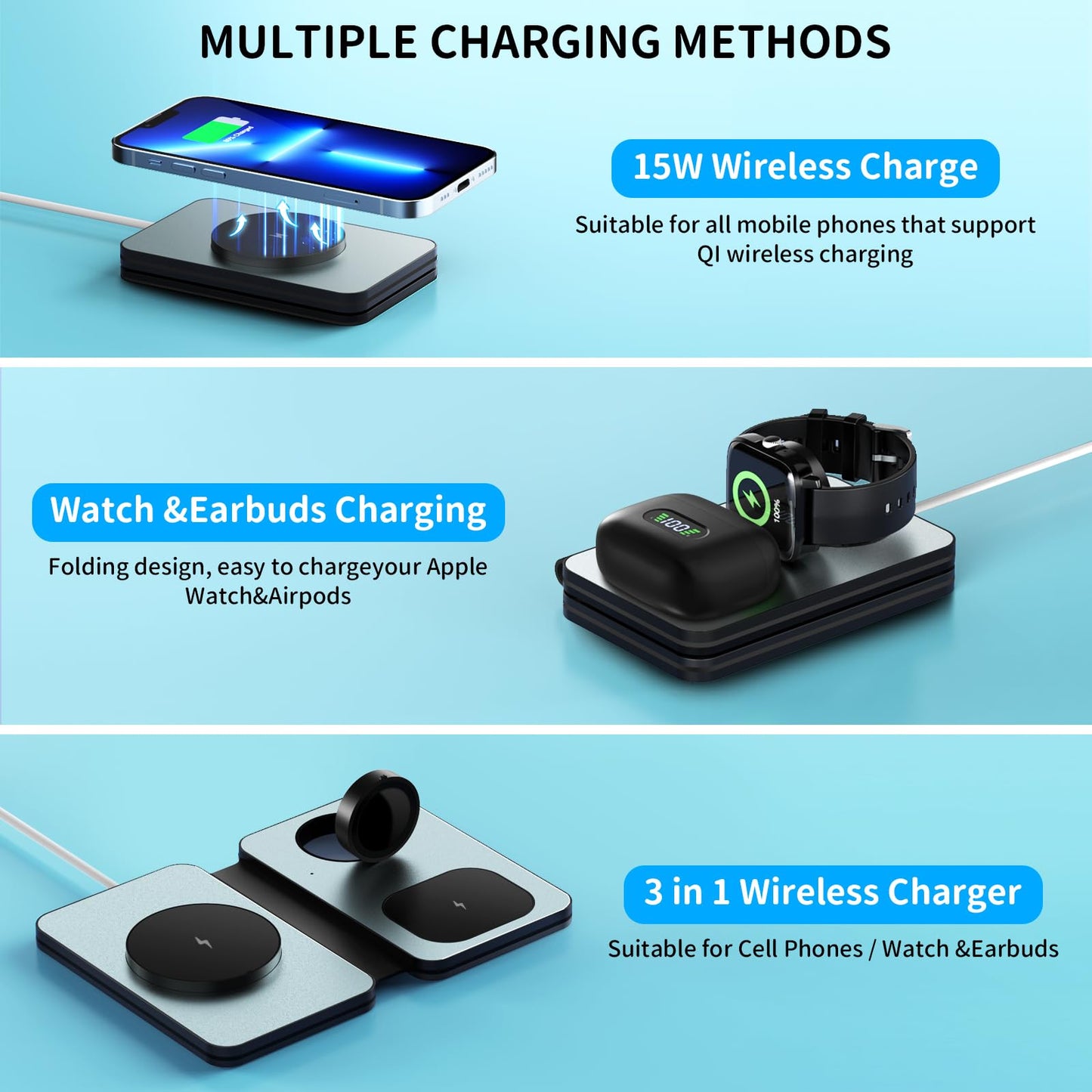 Qoosea 3-in-1 Foldable Wireless Charging Station