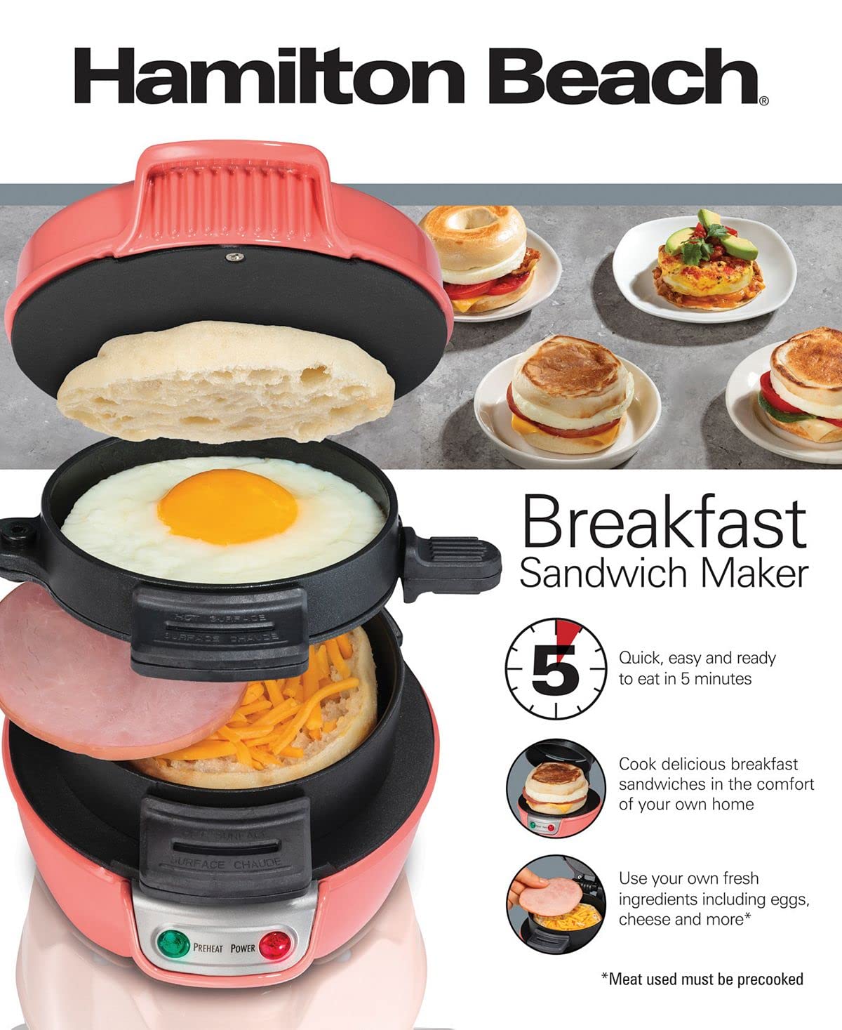 Hamilton Beach Breakfast Sandwich Maker with Egg Cooker Ring, Customize Ingredients, Perfect for English Muffins, Croissants, Mini Waffles, Perfect White Elephant Gifts, Coral (25483)