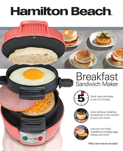 Hamilton Beach Breakfast Sandwich Maker with Egg Cooker Ring, Customize Ingredients, Perfect for English Muffins, Croissants, Mini Waffles, Perfect White Elephant Gifts, Coral (25483)