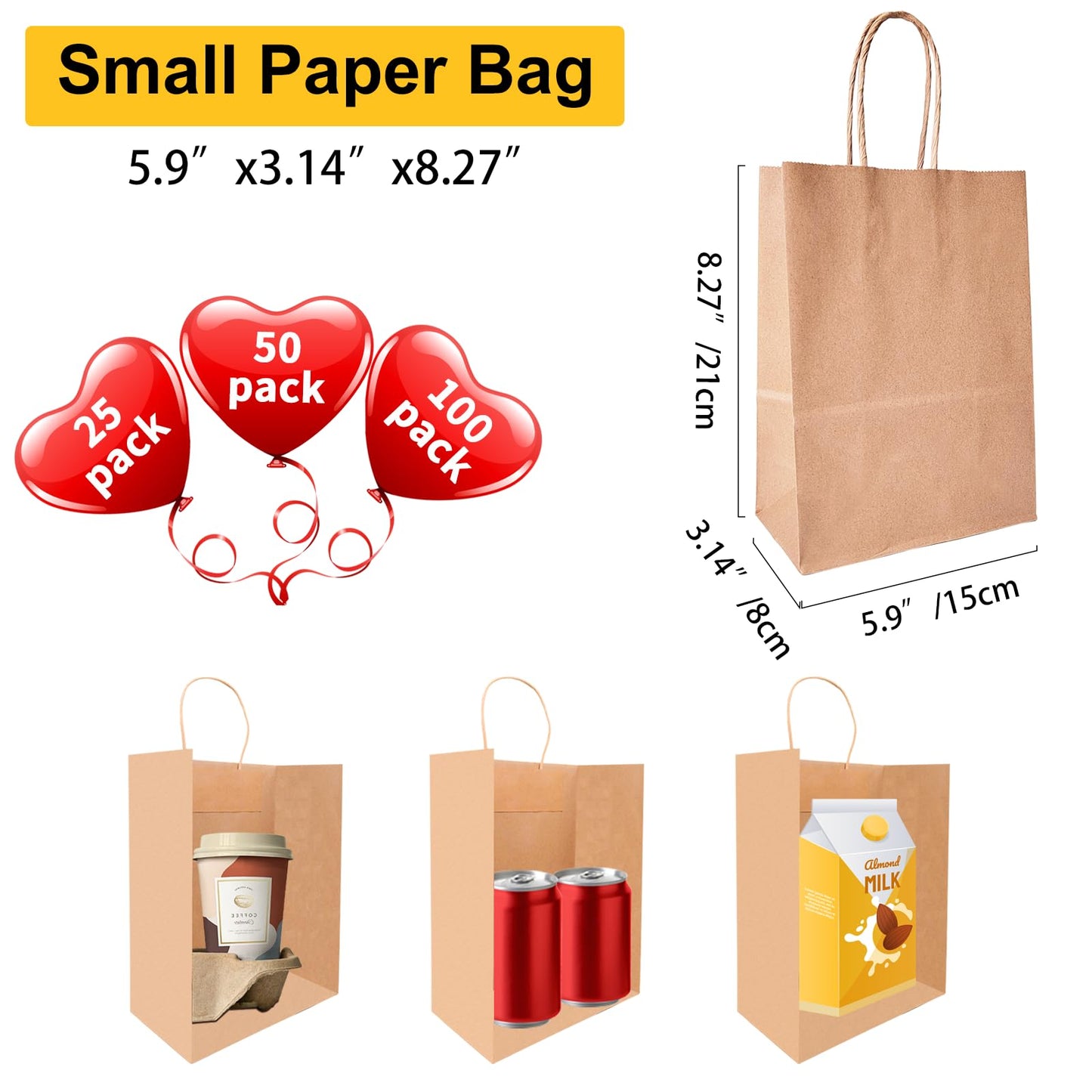 Brown Kraft Paper Gift Bags with Handles - 100 Pcs