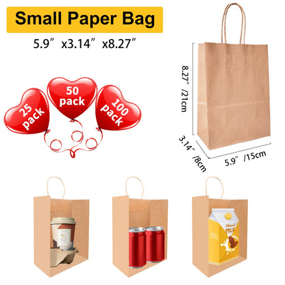 Brown Kraft Paper Gift Bags with Handles - 100 Pcs