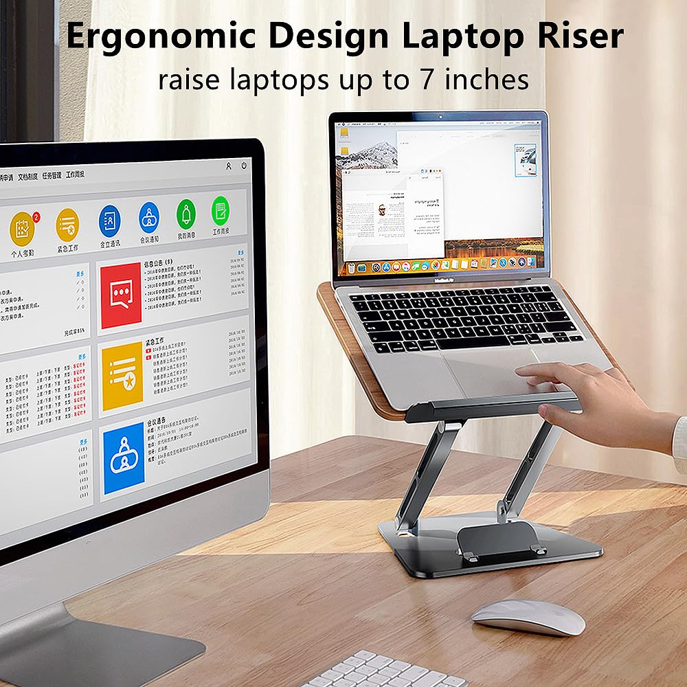 SOARCHICK Ergonomic Computer Stand for Laptop Foldable Book Stand for Reading Angle Height Adjustable Cookbook Stand Wood&Metal Portable Laptop Holder Riser Compatible with MacBook Pro/Air up to 17"