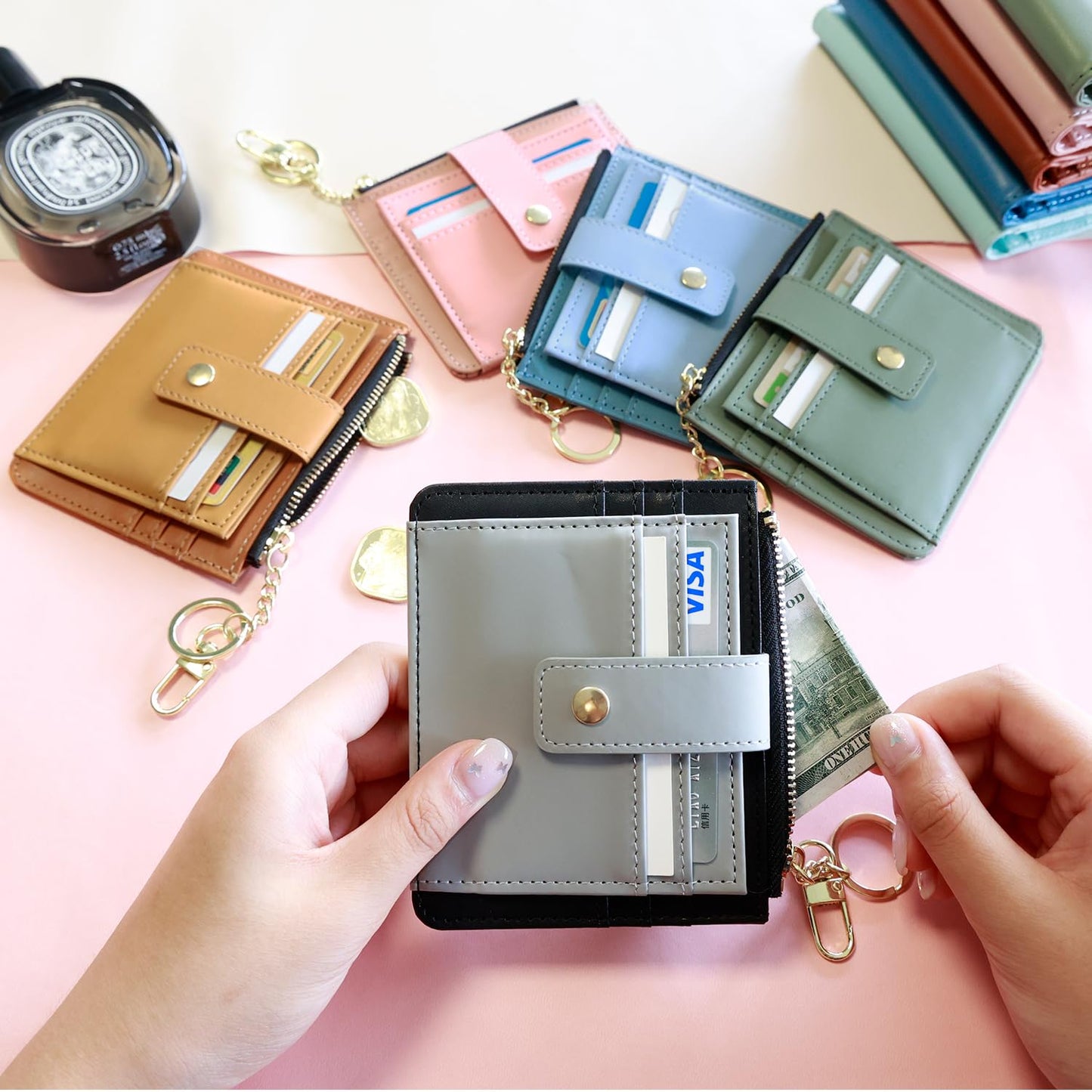 Slim Wallet for Women with Keychain & Zipper
