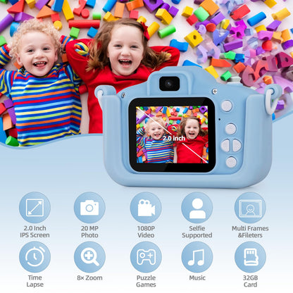 Kids Camera, 48MP Digital Camera for Kids Video Recorder 1080P with 32GB SD Card, IPS 2 Inch Screen Toddler Camera Christmas Birthday Gifts Toy for Aged 3-12 Boys and Girls
