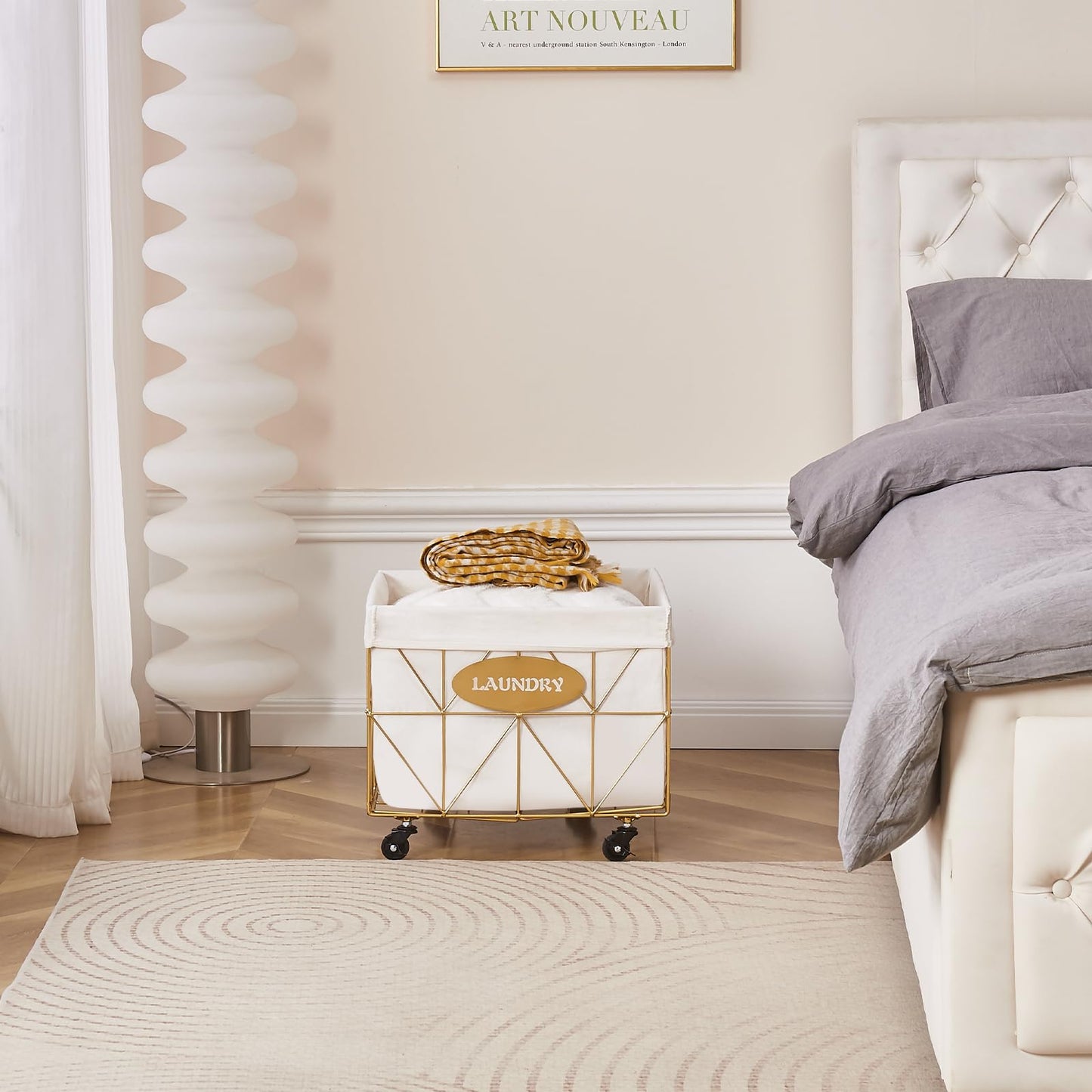 Mxfurhawa Collapsible Laundry Hamper with Wheels, 65L Capacity and Removable Liner, Sturdy Metal Frame for Clothes Storage and Transport - Convenient Laundry Basket for Home Use (Gold)