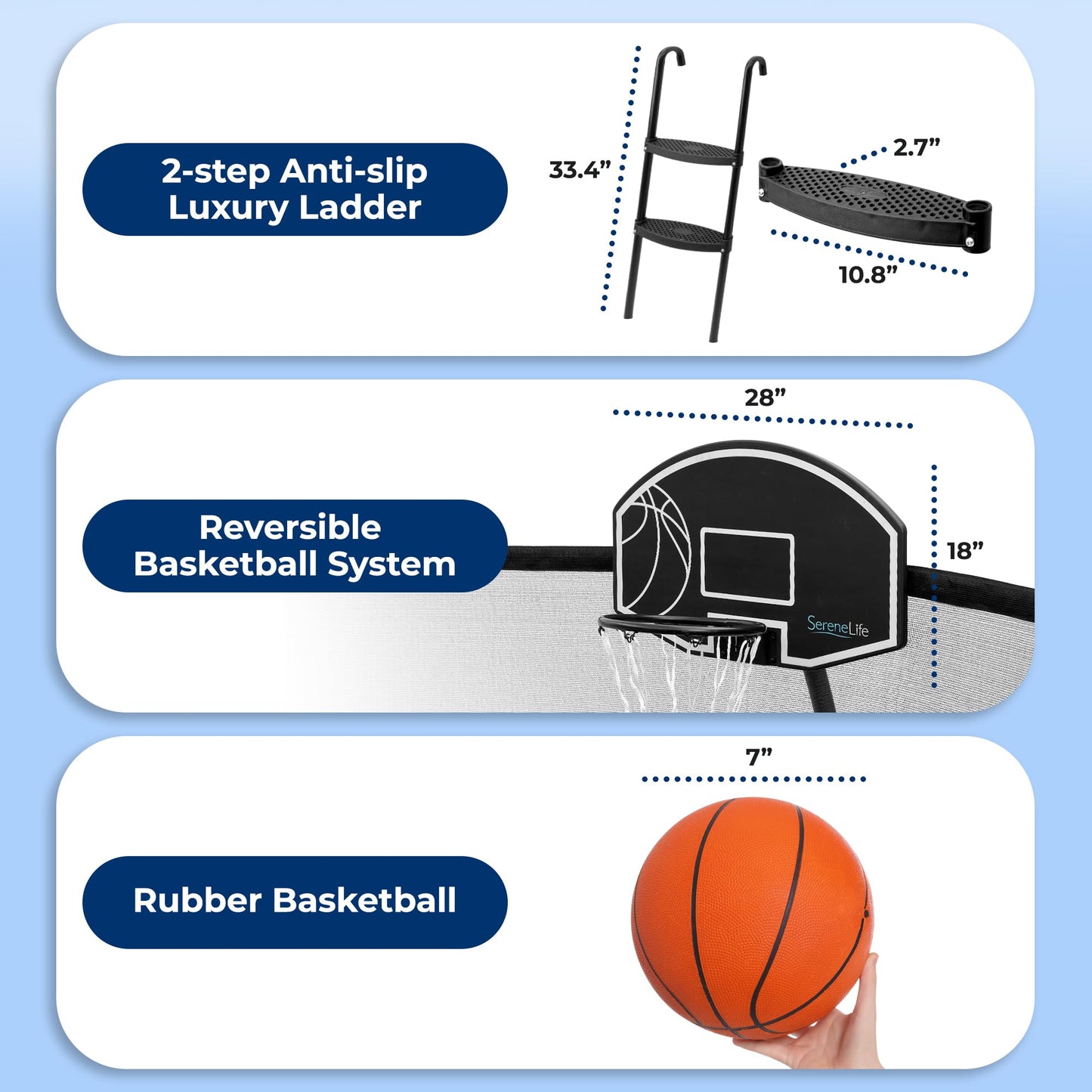SereneLife 10ft Trampoline for Kids - Outdoor Recreational Backyard Trampoline with Net Enclosure, Basketball Hoop, Curved Safety Poles, UV-Tested Mat, Water-Resistant Padding, Up to 330 lbs.