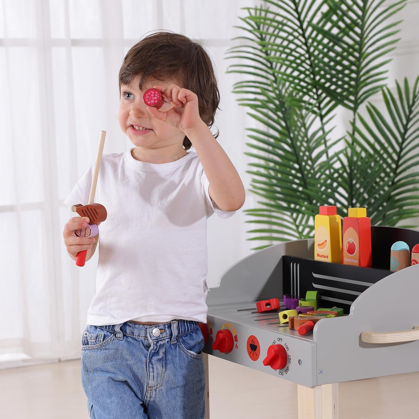 Kids Wooden Barbecue Grill Playset with Food