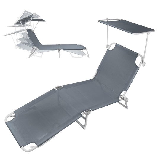 CAMPHILL Foldable Chaise Lounge Chair with 360° Canopy Sunshade, Portable Beach Sunbathing Lay Flat Reclining Tanning Chair Adjustable 4-Position for Outside Patio Poolside,Beach