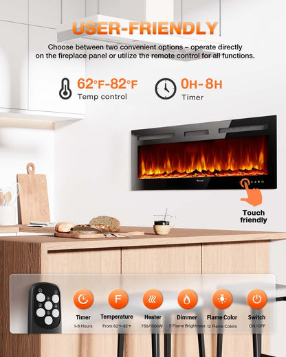 VISVEIL Electric Fireplace,Realistic Flame Electric Fireplace Heater,Log Set,Crystal Flames 750-1500W with Timer Inserts,Wall Mounted,TV Stand Touch Screen and Remote 50 Inch