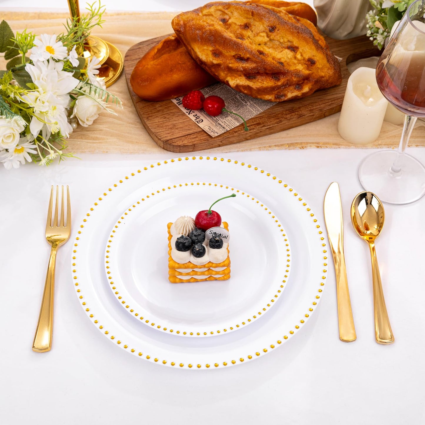 Rubtlamp 60Pcs White Gold Plastic Plates, White Disposable Plates With Gold Beaded, Heavyduty Plastic Plates Include 30 Dessert Platos, 30 Dinner Platos for Party