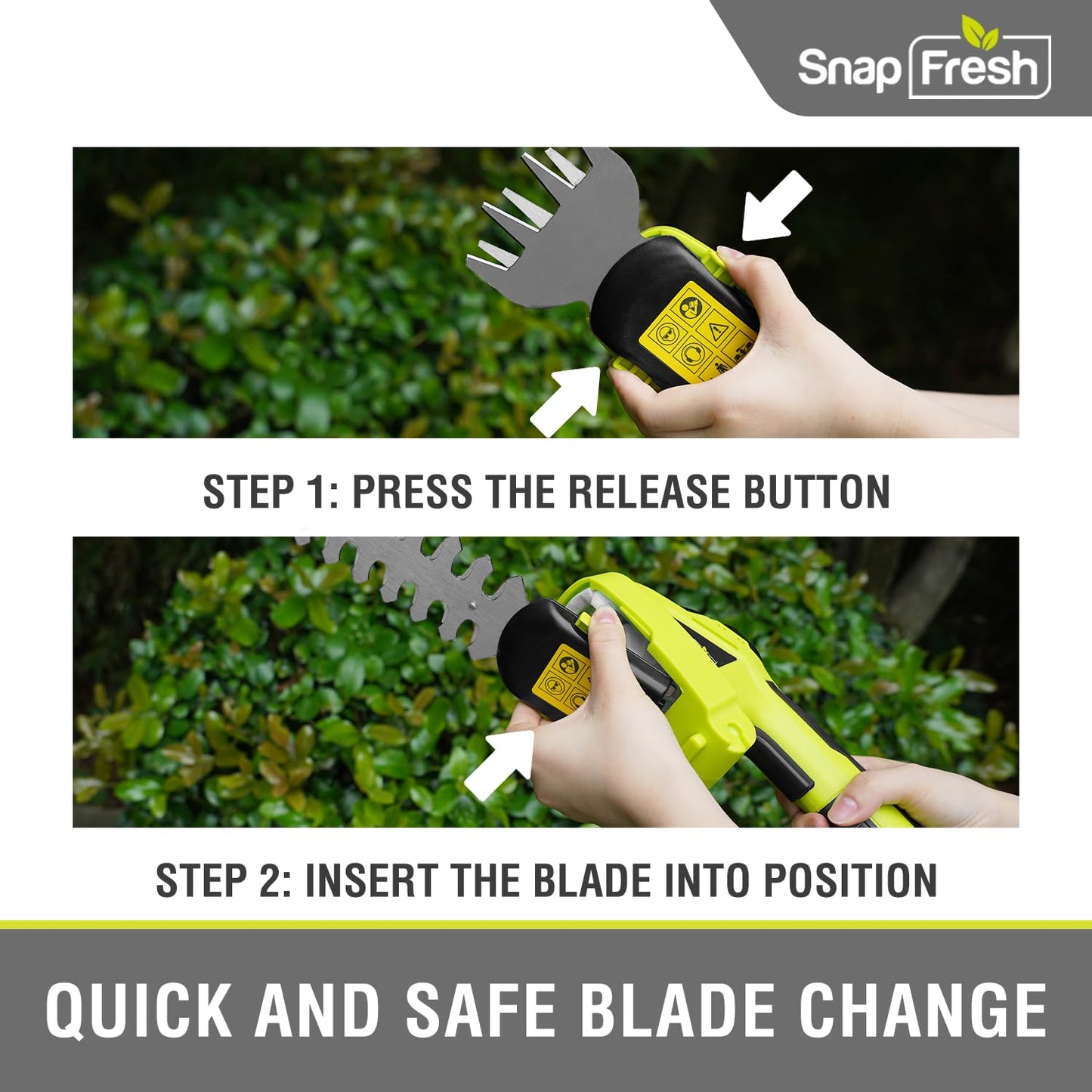 SnapFresh Cordless Grass Shear Bush Trimmer, 2 in 1 Handheld Hedge Trimmer, 7.2V Electric Grass Trimmer, Lightweight Shrubbery Trimmer Battery & Charger Included, Shrub Trimmer for Garden(Green)