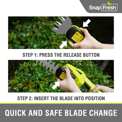 SnapFresh Cordless Grass Shear Bush Trimmer, 2 in 1 Handheld Hedge Trimmer, 7.2V Electric Grass Trimmer, Lightweight Shrubbery Trimmer Battery & Charger Included, Shrub Trimmer for Garden(Green)