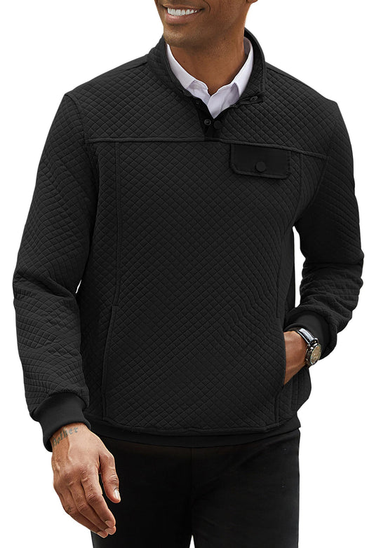 hawalili Mens Button Pullover Quilted Sweatshirt Casual Long Sleeve Mock Neck Sweater Polo with Pocket Black Small